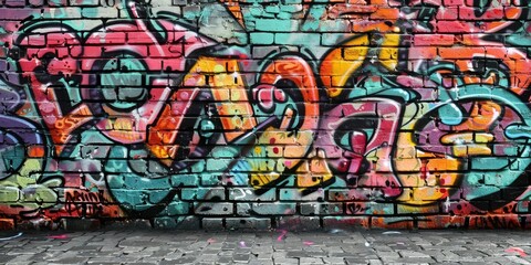 A colorful graffiti wall with the word "peace" written on it. The wall is made of bricks and has a lot of different colors