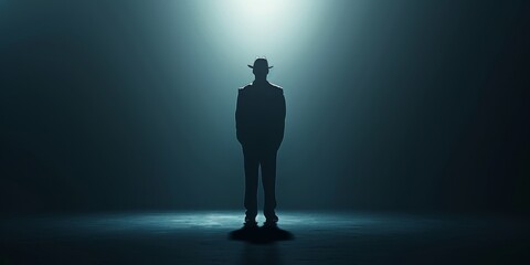 A man in a hat stands in a dark room. The room is lit by a spotlight, which casts a shadow of the man on the wall - obrazy, fototapety, plakaty