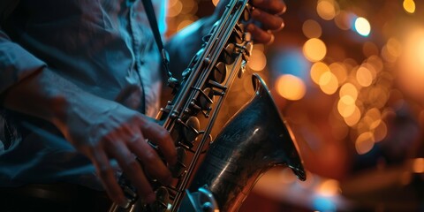 A man playing a saxophone in a dimly lit room - obrazy, fototapety, plakaty