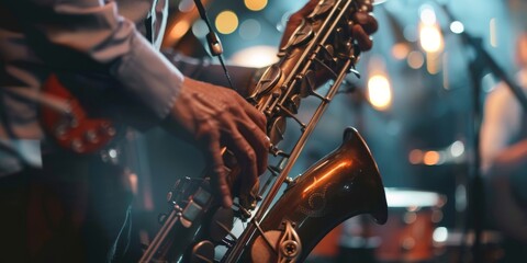 A man playing a saxophone in a dimly lit room. Scene is calm and relaxed - obrazy, fototapety, plakaty