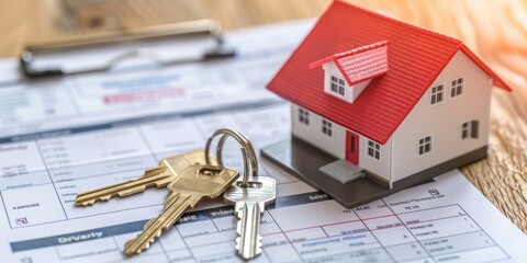 A house and two keys are on a piece of paper. The house is red and white