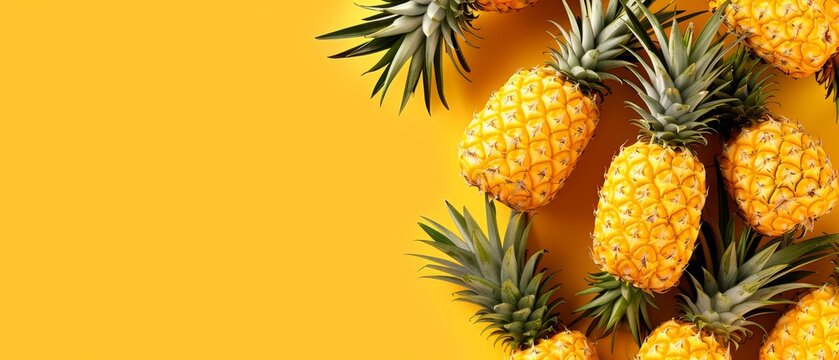   A stack of pineapples on a yellow backdrop with a text box
