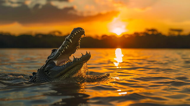 The image captures a crocodile with its mouth open, emerging from the water during a sunset.