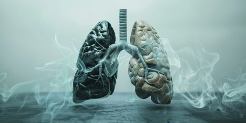 Two lungs, one black and one white, with smoke coming out of them. The black lung is surrounded by a cloud of smoke, while the white lung is partially obscured by the smoke - obrazy, fototapety, plakaty