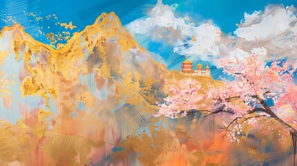 Landscape painting with golden mountain and pink  cherry blossom tree for home decor, wall art, digital art print, wallpaper, background