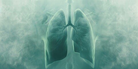 A close up of a lung with smoke coming out of it. The lung is surrounded by a green background - obrazy, fototapety, plakaty