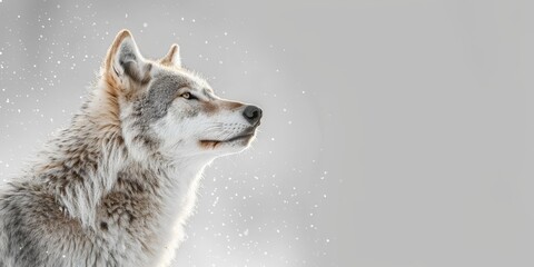 A wolf is standing in the snow with its head up. Concept of strength and resilience, as the wolf appears to be unbothered by the cold weather. The white snow around the wolf adds a sense of purity