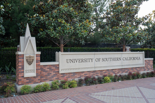 Los Angeles, CA, USA - May 11, 2022: University of Southern California (USC) sign is seen on its main campus in Los Angeles, California. USC is the oldest private research university in California.