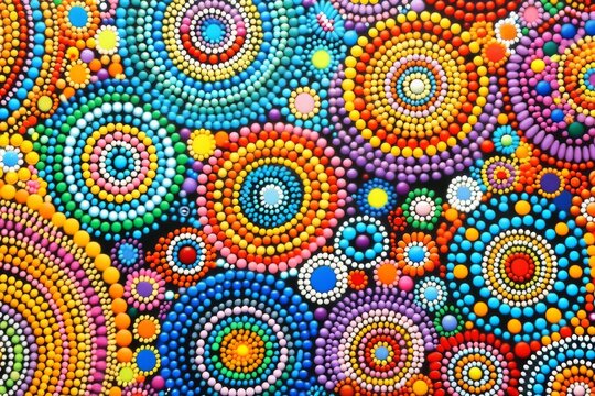 A closeup of a vibrant textile artwork featuring aqua circles and magenta beads. The pattern includes electric blue accents and is a visually striking illustration