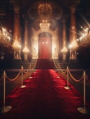 Red carpet in the light of golden spotlights. award and VIP party. velvet carpet. award and victory in cinema or music