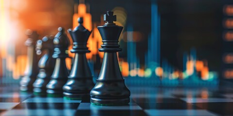 A black chess piece is on a black and white checkered board. The image has a moody and mysterious feel to it, as the chess piece is the only solid color in the scene