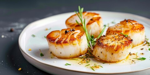 A plate of four scallops with parsley and pepper. The plate is white and the scallops are golden brown