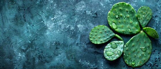   Close-up photo of a lush green plant with droplets of water on its leaves against a serene blue background
