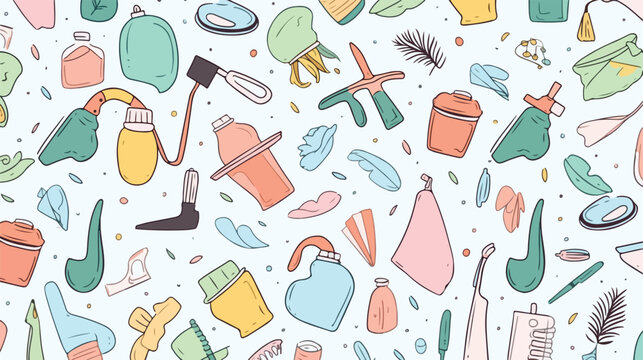Cleaning tools seamless pattern doodle vector set.