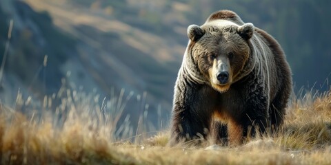 A large brown bear is walking through a field of tall grass. The bear is looking directly at the camera, creating a sense of tension and danger. The scene is set in a natural environment - obrazy, fototapety, plakaty