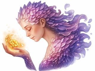 A serene fantasy woman holding a light orb illustration, ideal for spiritual publications, mystical wall art, and fantasy art