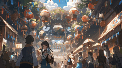 Festival Street Scene with Lanterns and Crowd vector art anime - obrazy, fototapety, plakaty