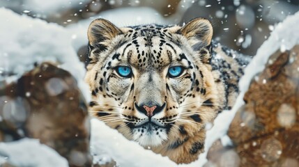 Snow leopard with piercing blue eyes, nestled among snow-covered rocks, contrast between the leopard's spotted fur and the pristine white snow created with Generative AI Technology