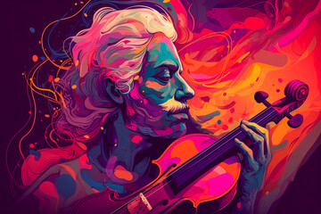 Bright and expressive portrait of man with a violin. Image of musician
