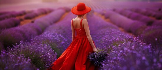 A woman in a red dress and hat walks through a lavender field