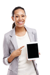 Woman, studio and pointing to tablet for social media, technology and web advertising. Internet connection, female person and gesture isolated on white background for promotions, graphic design.