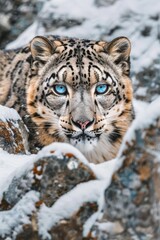 Fototapeta na wymiar Snow leopard with piercing blue eyes, nestled among snow-covered rocks, contrast between the leopard's spotted fur and the pristine white snow created with Generative AI Technology