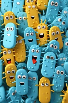 Naklejki Blue and yellow cartoon bacteria with faces on Aqua background