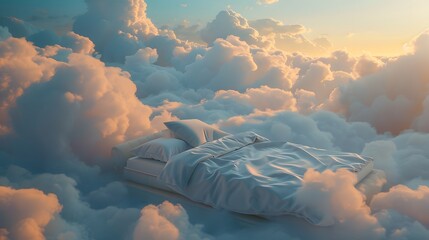 A bed in the soft vanila dream clouds. A good dream concept. - obrazy, fototapety, plakaty