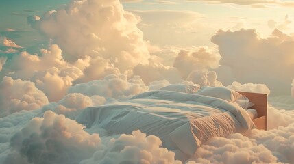 Obraz premium A bed in the soft vanila dream clouds. A good dream concept.