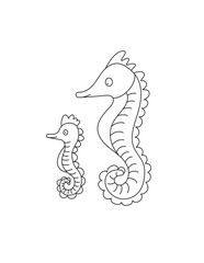 Sea Horses Coloring Page for Print. Underwater animals and Ocean Life Creatures.