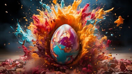 Obraz na płótnie Canvas Slow-motion video of colorful powder exploding from an Easter egg as it smashes against a wall