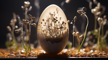 Time-lapse of a seed sprouting and growing into a flowering plant inside an Easter eggshell - obrazy, fototapety, plakaty