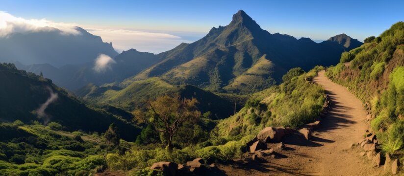 A rustic trail gently winds its way towards a majestic mountain range, dotted with a few lush trees along the path