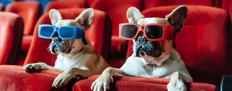A dogs wearing sunglasses and a collar that says  french bulldog Cute dachshunds watching a movie on sit on sets.AI Generative
