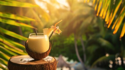 Pina Colada in a coconut shell against a background of tropical palm, no text, no inscriptions, no advertising --ar 16:9 --quality 0.5 --stylize 0 Job ID: 23b52369-8871-4f9d-9777-9ebd07547ce1 - obrazy, fototapety, plakaty