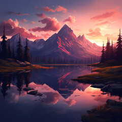 Fototapeta na wymiar A serene sunset over a mountain lake. 