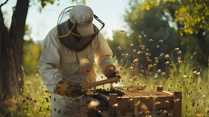 Beekeeper works in a hive - adds frames, watching bees