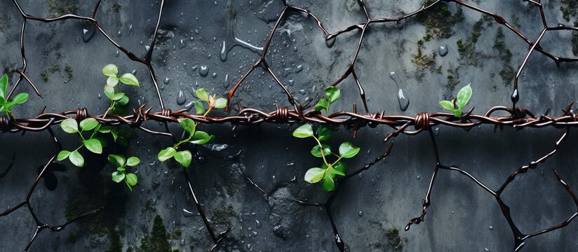 An old and weathered rusty fence is covered with a lush green vine stretching through its gaps