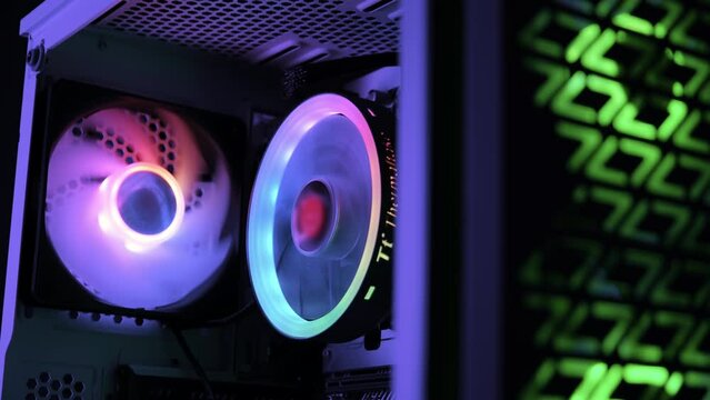 personal computer, cooling unit with the fan of the stylish lights modern PC. Close up shot