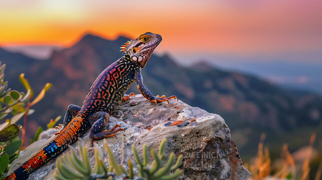 A colorful lizard perches on a rock, its body adorned with intricate patterns of orange, black, and red scales.