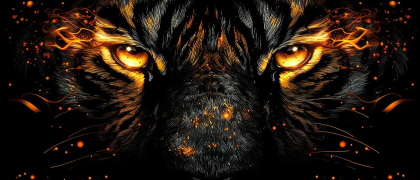   A detailed image of a tiger's face on a dark canvas with fiery oranges and yellows emanating from its eyes