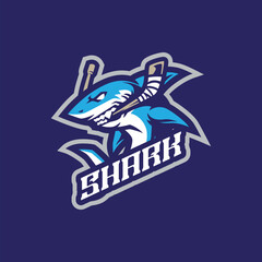 Shark mascot logo design vector with modern illustration concept style for badge, emblem and t shirt printing. Shark hockey illustration with stick.