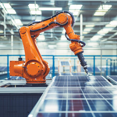 Orange Industrial Robot Arm at Production Line at Modern Bright Factory. Solar Panels are being Assembled on Conveyor. Automated Manufacturing Facility.