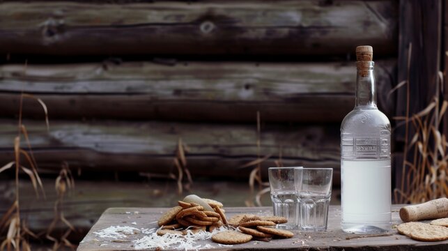 A bottle of vodka with glasses and snacks against the backdrop of a Russian village hut, no text, no inscriptions, no advertisements --ar 16:9 --quality 0.5 --stylize 0 Job ID: e225583c-6cad-4fd2-8b52