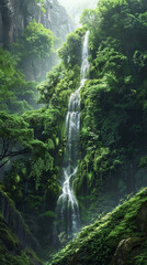 A stunning waterfall cascading down a moss-covered cliff, nestled within a dense and vibrant greenery landscape.