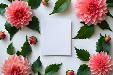 Obraz premium Square white blank card with pink dahlia flowers and leaves, ideal for greeting cards, invitations, or stationery.