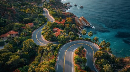 A winding road through natural landscape ending at the beach - obrazy, fototapety, plakaty
