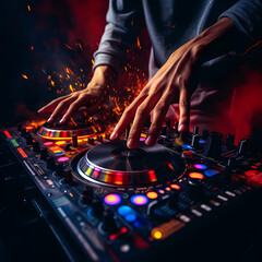 Close-up of a DJs hands mixing music. 