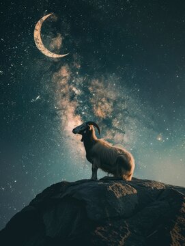 Eid Al Adha concept photo, Eid Mubarak greetings poster, goat and crescent moon with night sky and copy space - generative ai