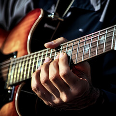 Close-up of a guitarists fingers on the strings.